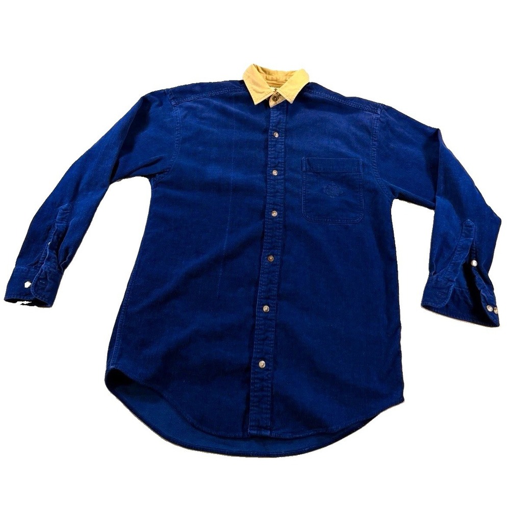 London Fog Mens S Blue Corduroy Solid Button-Up Long Sleeve Shirt Pockets